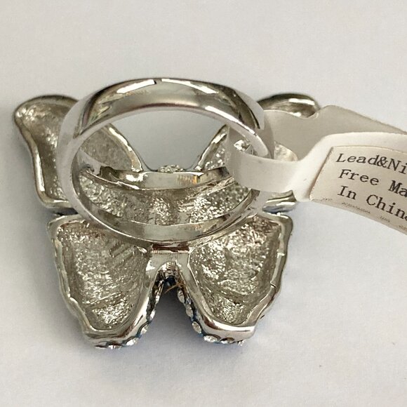 Vintage Blue Butterfly Cocktail Ring Statement Size 7 9 Crystal Rhodium Plated - Picture 12 of 13